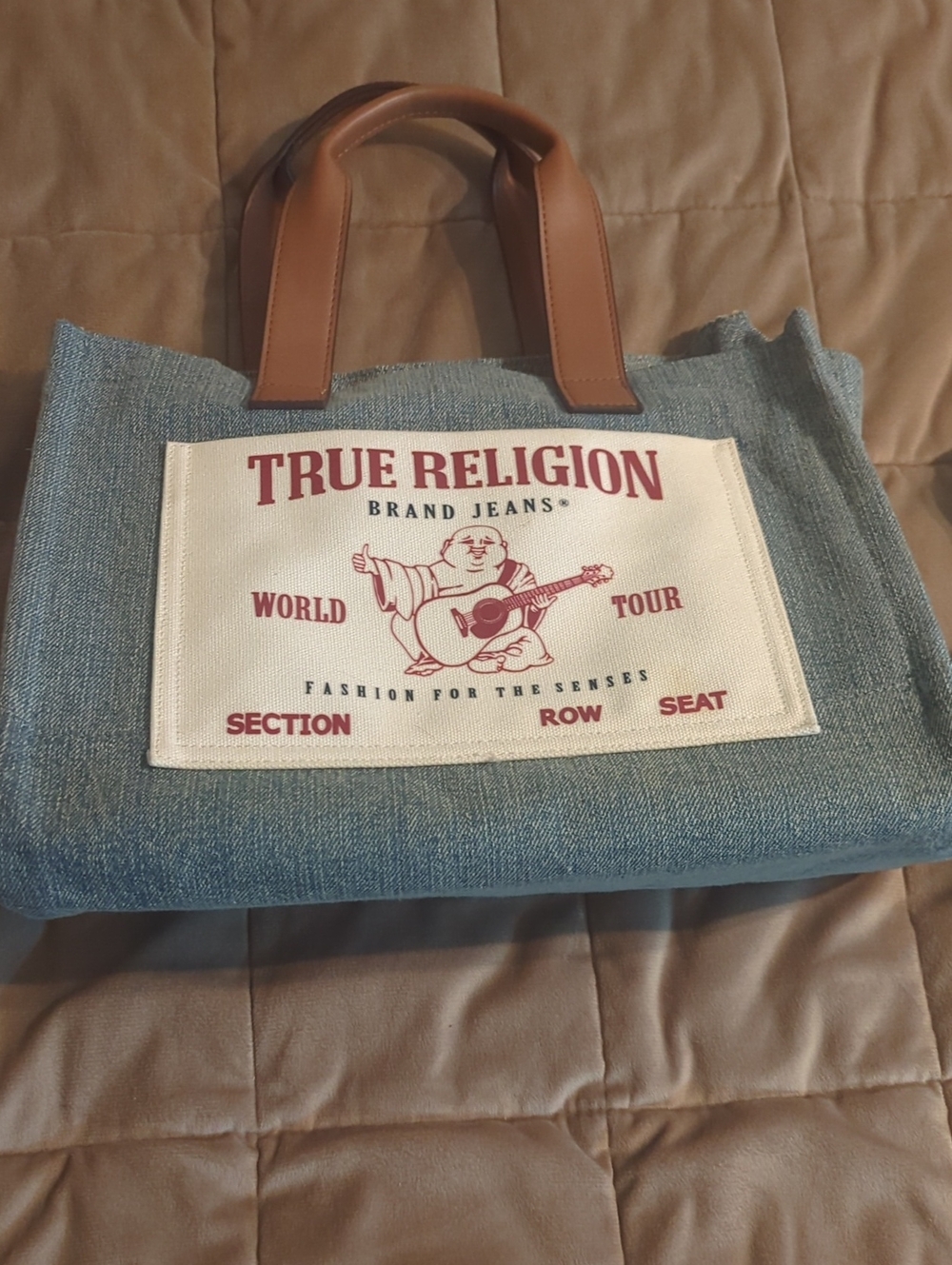 True Religion Denim Tote Bag with Brown Leather Handles. used Once No Wear